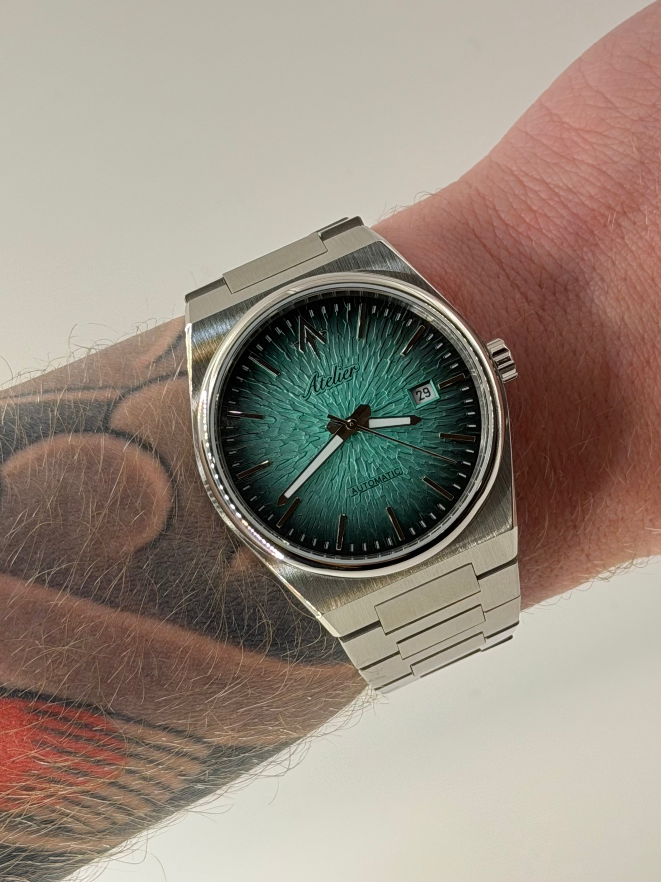 A wrist shot of the Maelstrom in Tiffany Blue